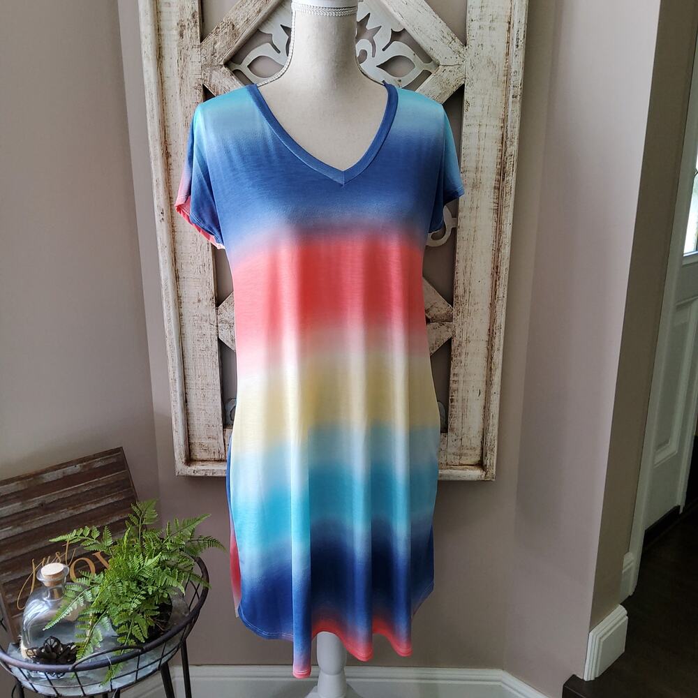 Heimish USA Gradient Color A‑Line Shift Midi T‑Shirt Dress M/L Boho Casual